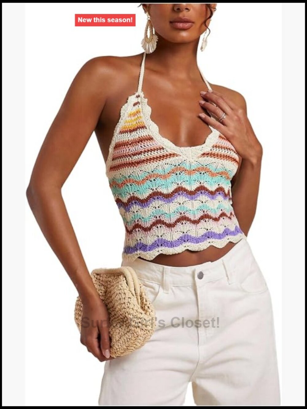 Crochet Knit Halter Top - Colorblock Striped Tie Back, Sleeveless, Backless